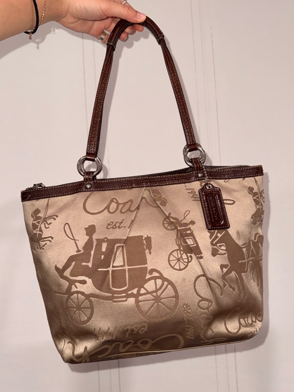 Coach Satin Jacquard Tote in Metallic Gold with Brown Trim